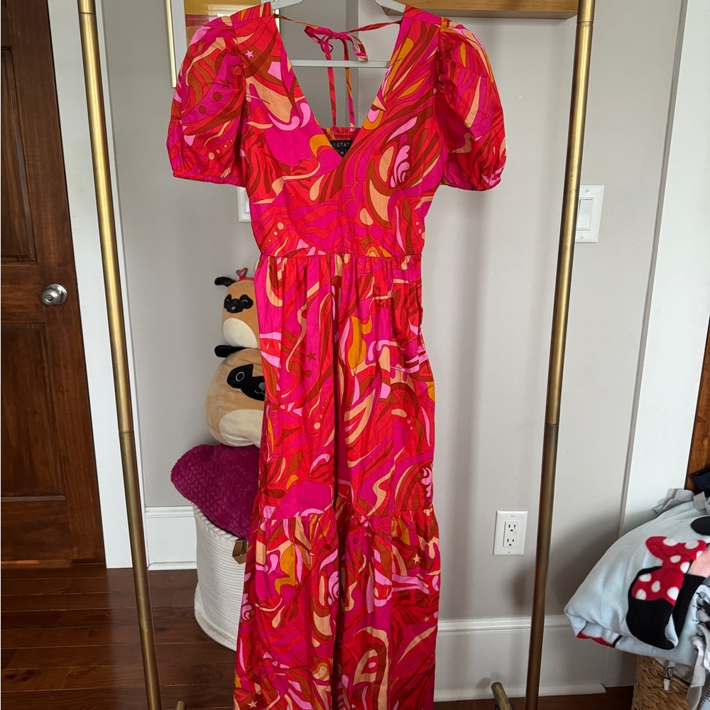 Pink and orange abstract tiered maxi dress | size XS | Farm Rio lookalike
